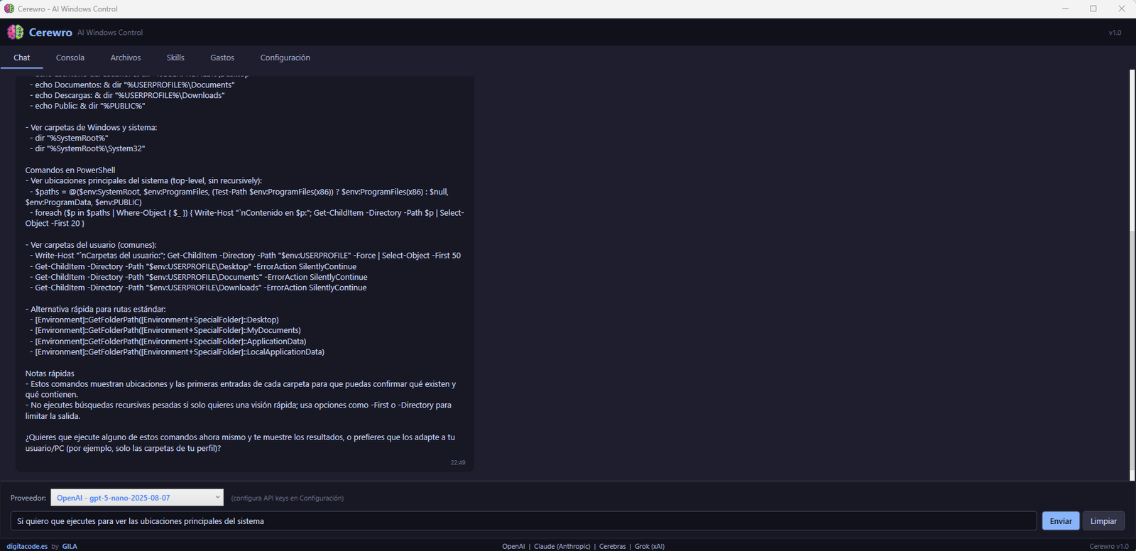 Pantalla de chat de Cerewro con selección de proveedor y respuesta del asistente