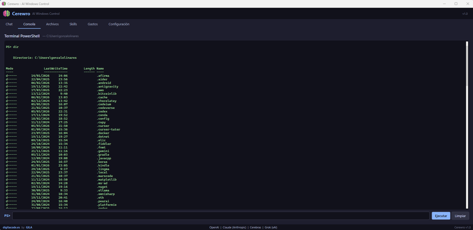 Pantalla de consola PowerShell integrada en Cerewro