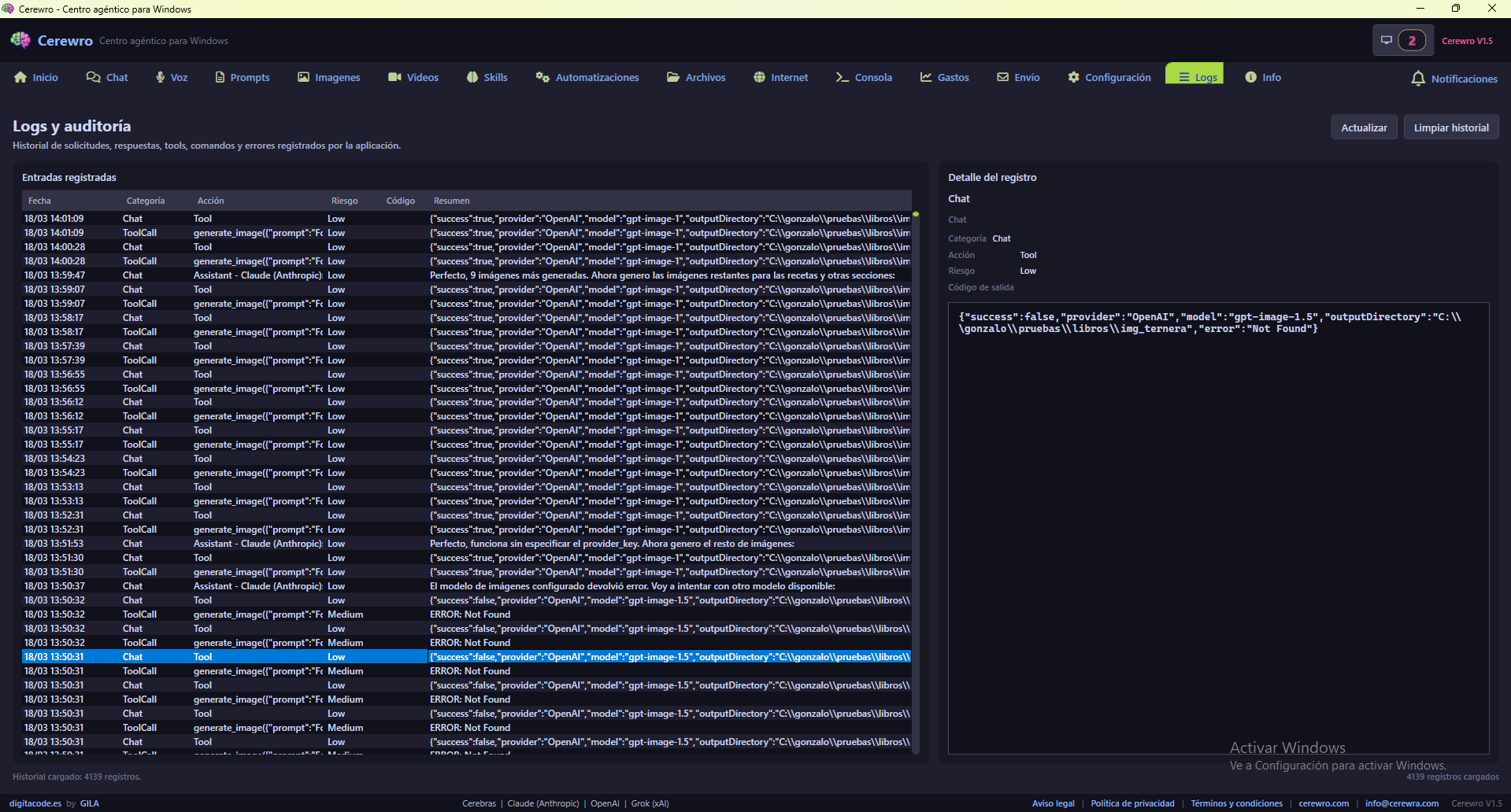 Logs y auditoría de Cerewro