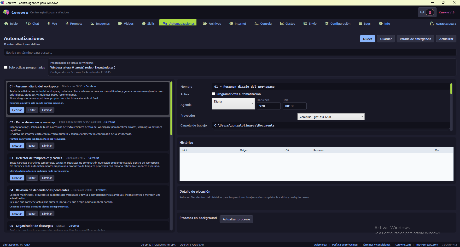 Sección Automatizaciones de Cerewro